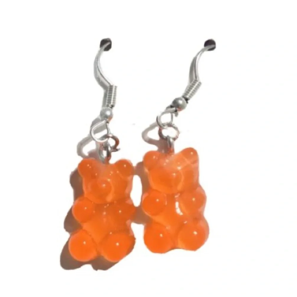 New Handmade Transparent Orange Sterling Silver Resin Gummy Bear Earrings